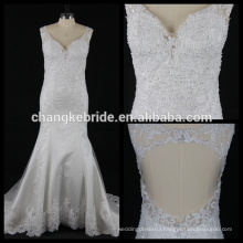 Women's V-Neck Lace Applique Beaded Mermaid Wedding Dress Backless Bridal Dress With Train